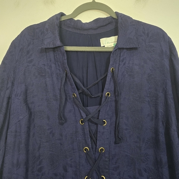 By Anthropologie Plus Size Finley Lace Up Linen Blend Shirt Dress in Blue breath - Picture 4 of 12